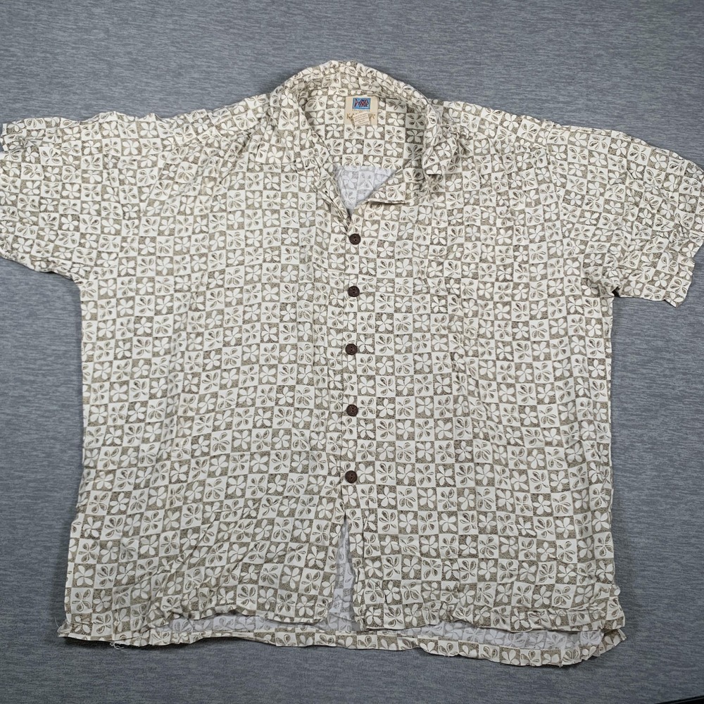 Kahala Shirt Mens XL Beige White Floral Hawaiian Rayon Short Sleeve Button Up‎